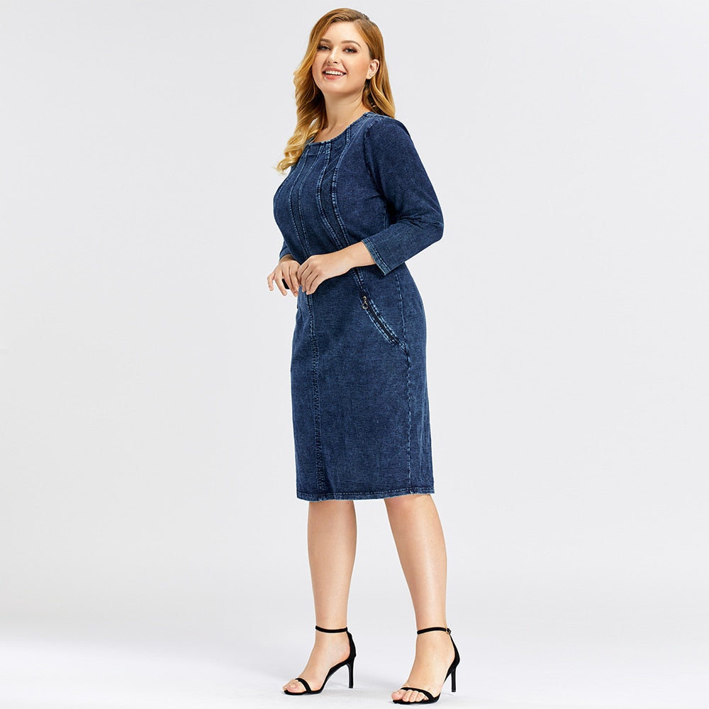 Women's Plus Size Denim Dress Premium Stretch Denim Slim Fit Dress Casual Dress with shoulder pads