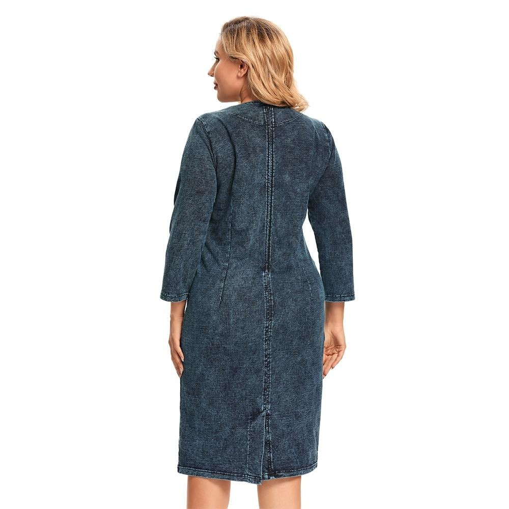 Women's Plus Size Denim Dress Elasticity Knitted Denim Dresses Slim Fit Casual Dress Knee-Length Midi Dress