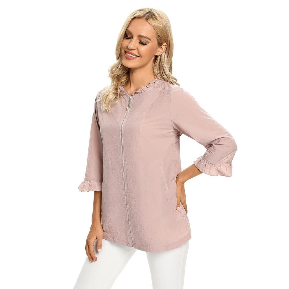 Women's Plus Size Windbreaker Mid-Length Round Neck Jacket Spring And Autumn Loose Zipper Windbreaker