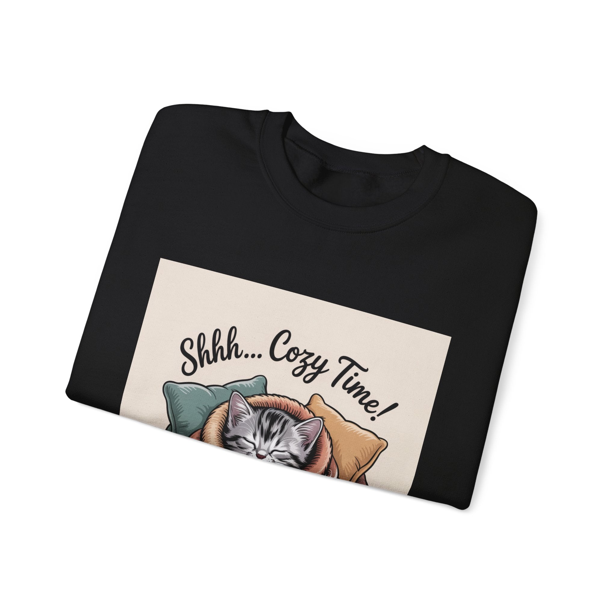 Cozy Cat Crewneck Sweatshirt — “Shhh... Cozy Time!” Graphic