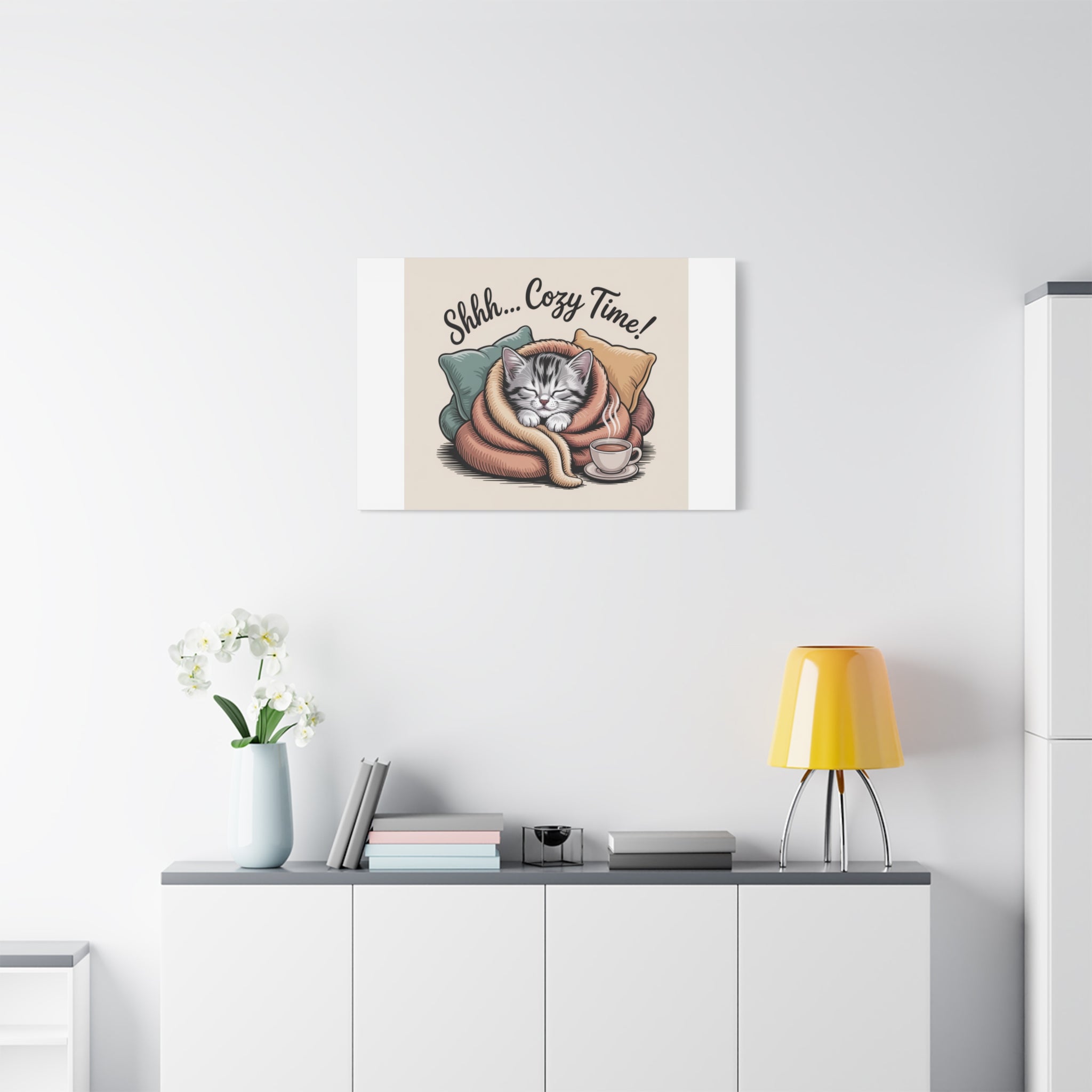 Cozy Cat Canvas Print — "Shhh... Cozy Time!" Matte Stretched Wall Art