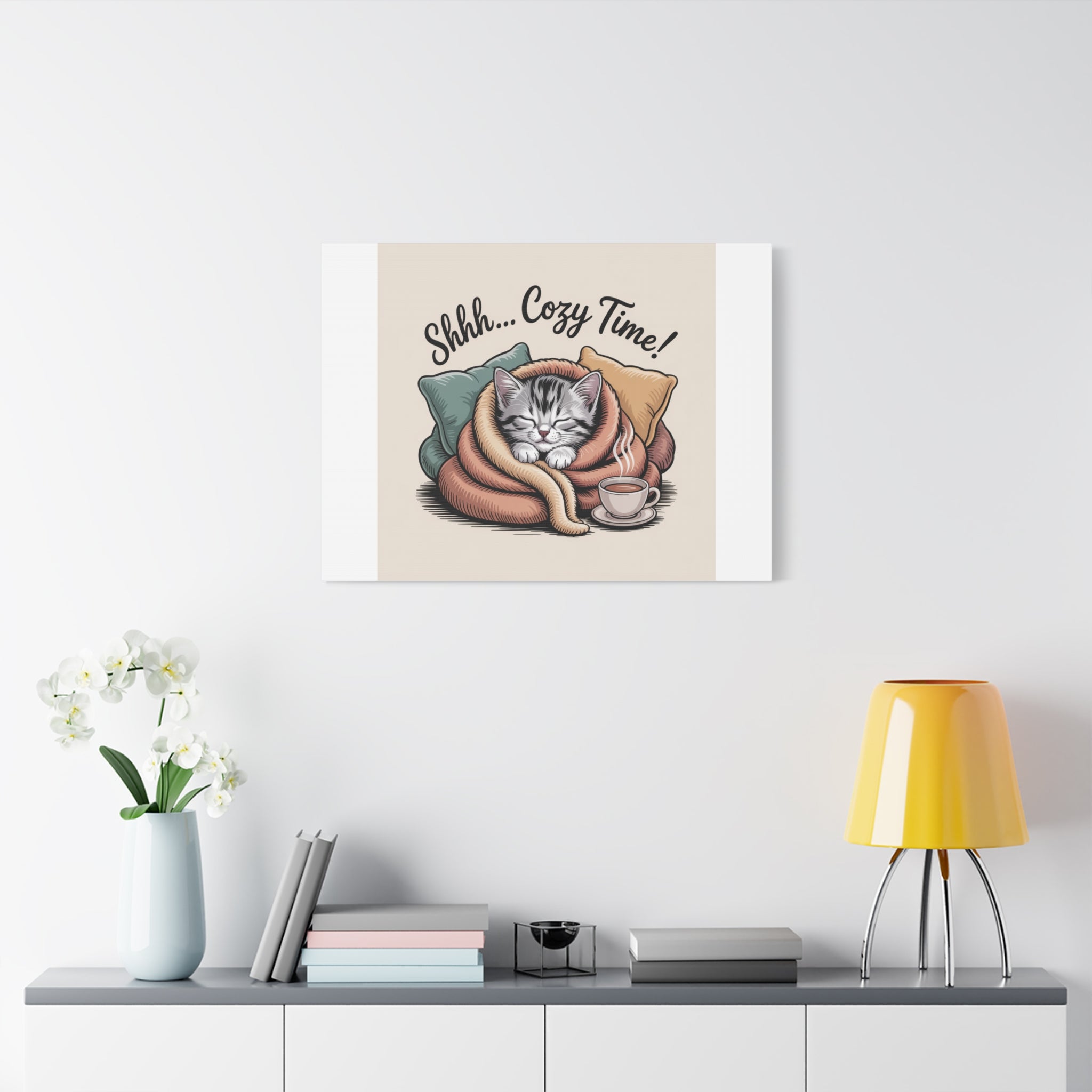 Cozy Cat Canvas Print — "Shhh... Cozy Time!" Matte Stretched Wall Art