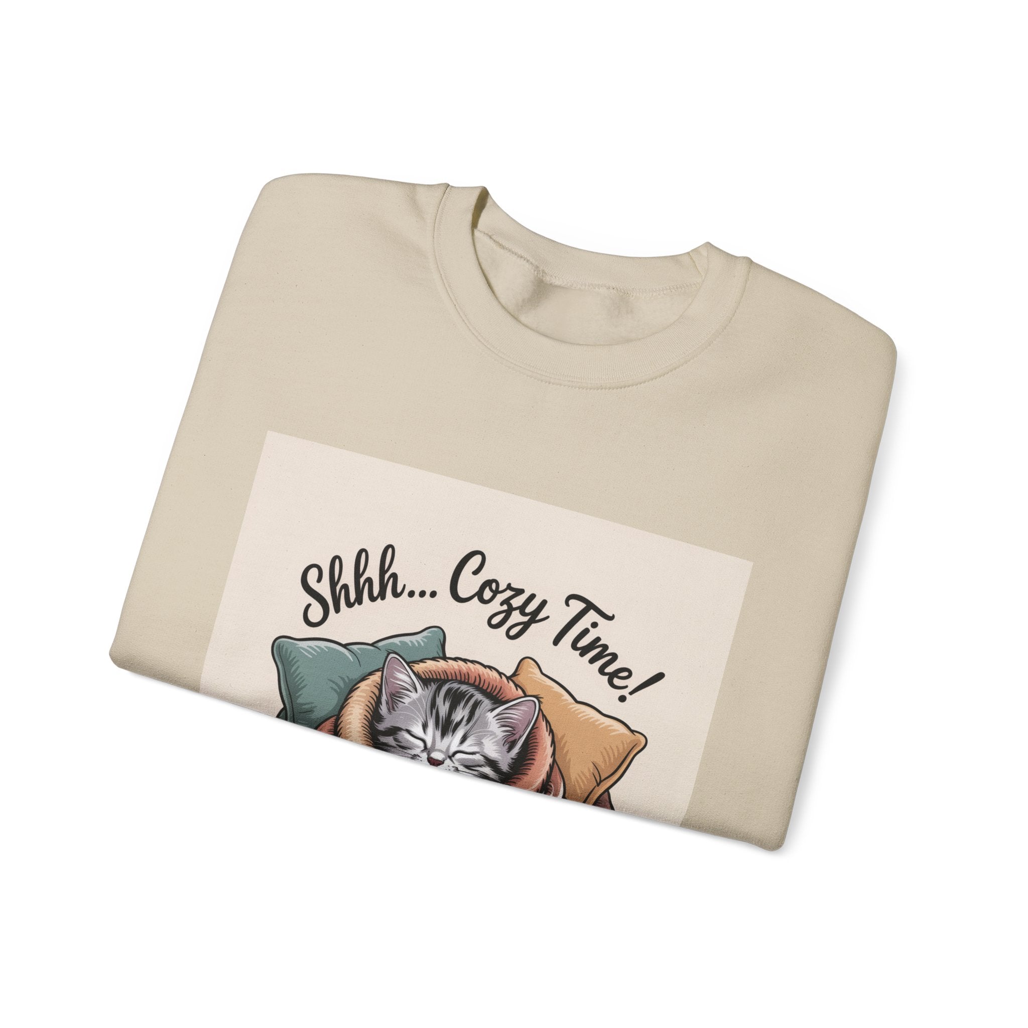 Cozy Cat Crewneck Sweatshirt — “Shhh... Cozy Time!” Graphic