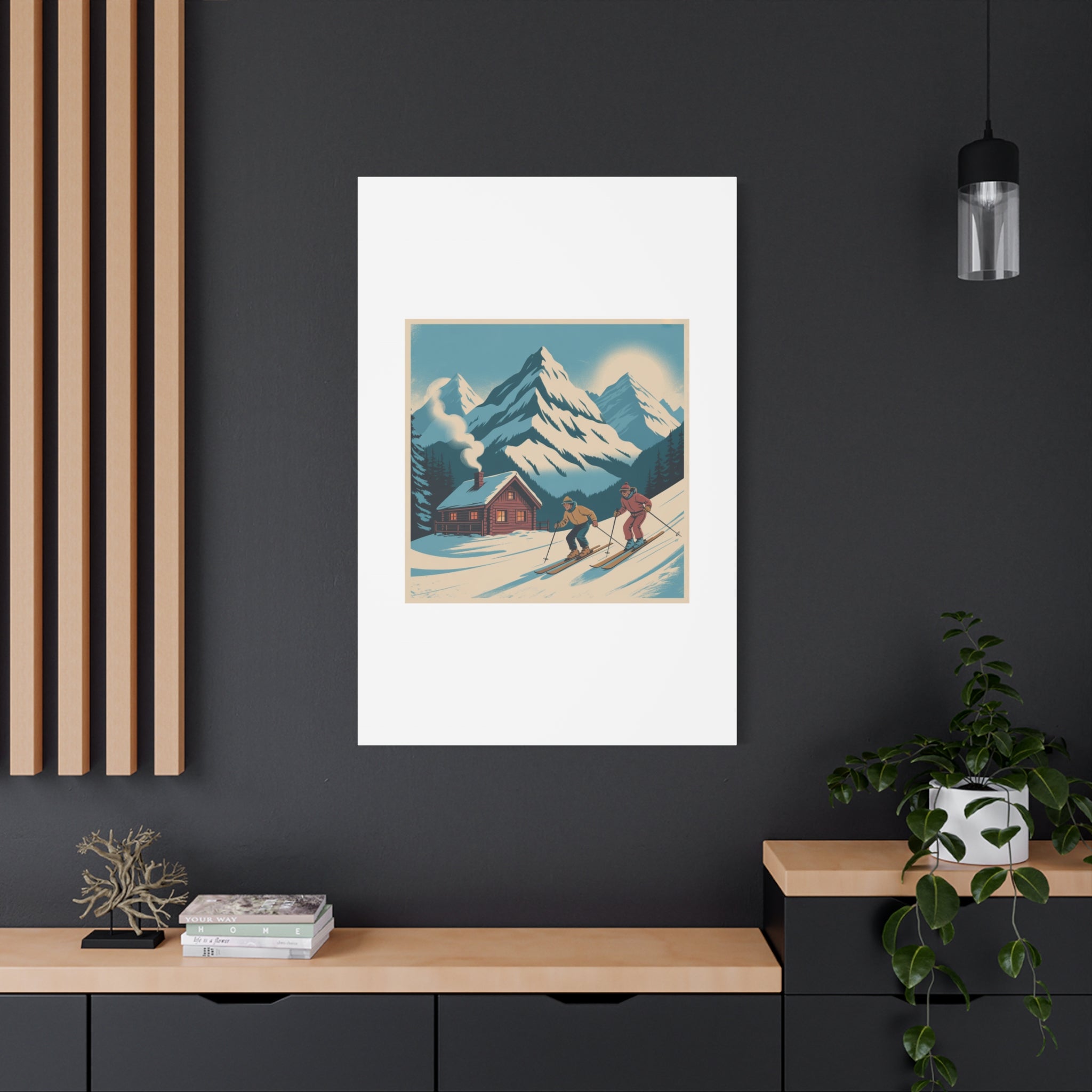 Retro Ski Mountain Canvas Print — Vintage Winter Cabin Art