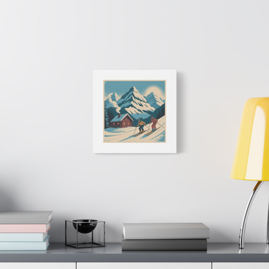 Retro Ski Mountain Canvas Print — Vintage Winter Cabin Art