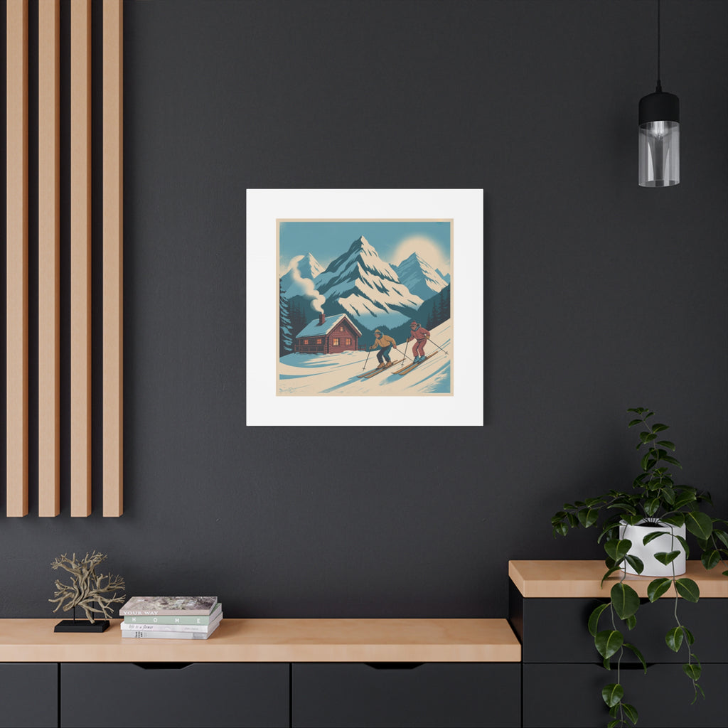 Retro Ski Mountain Canvas Print — Vintage Winter Cabin Art