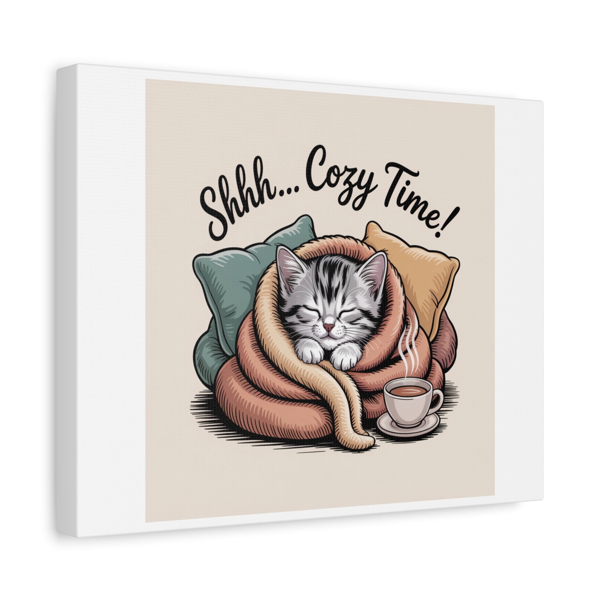 Cozy Cat Canvas Print — "Shhh... Cozy Time!" Matte Stretched Wall Art
