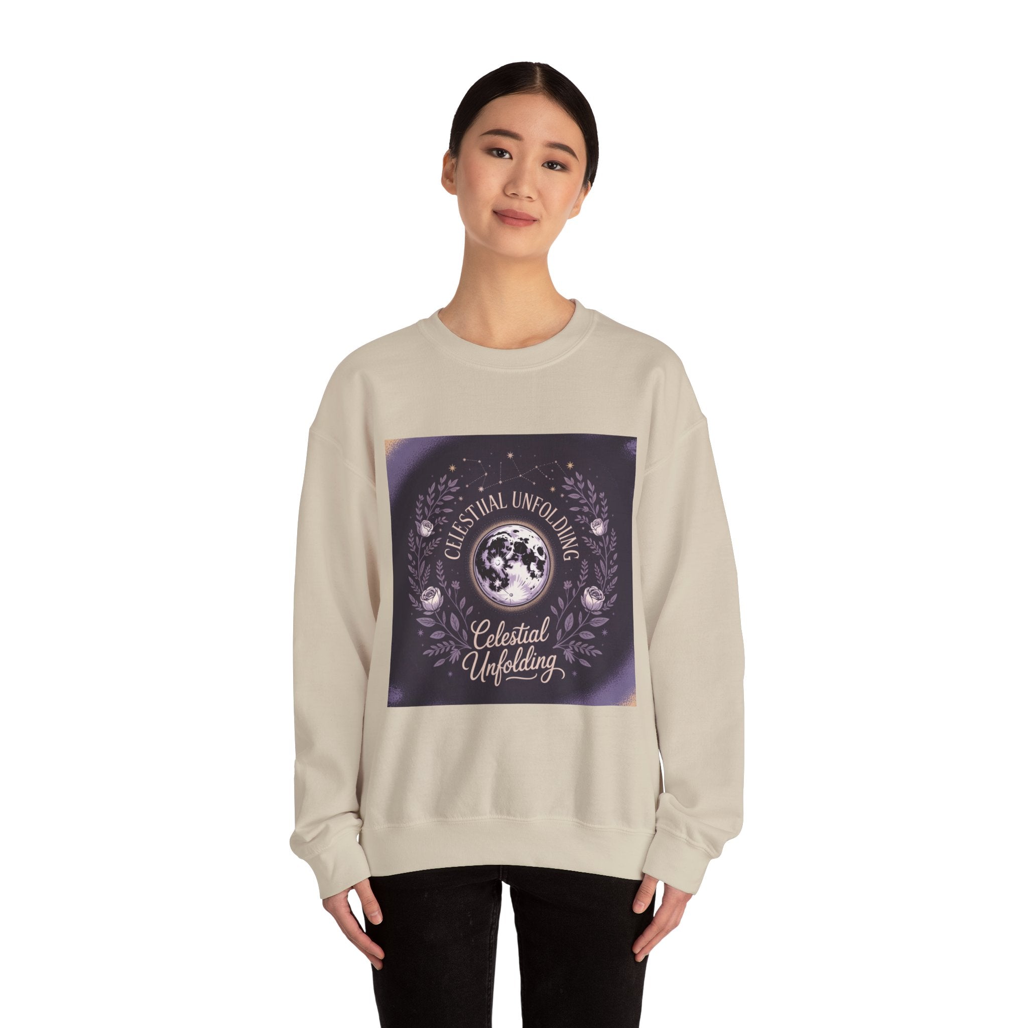 Celestial Unfolding Sweatshirt — Moon Phase Graphic Crewneck