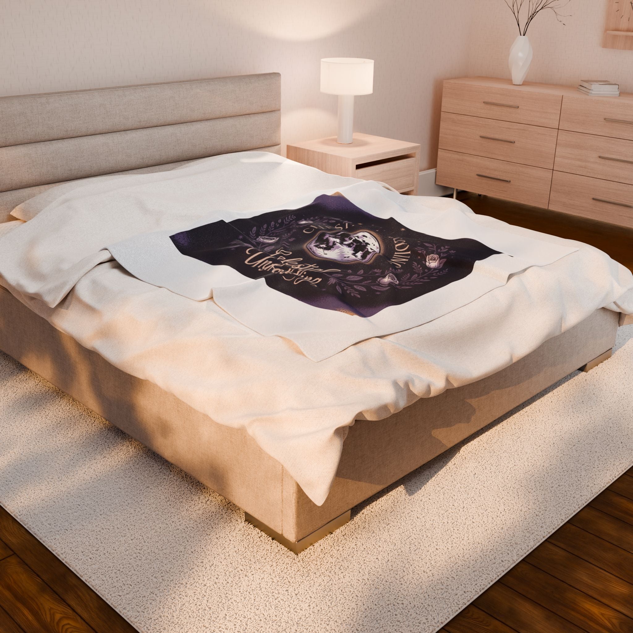 Celestial Unfolding Velveteen Plush Blanket — Moon & Floral Cosmic Throw