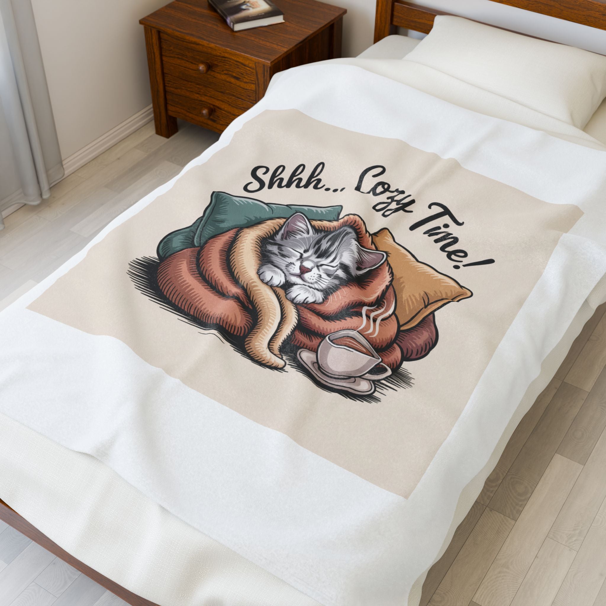 Plush Blanket — 'Shhh... Cozy Time!' Cat Wrapped in Blanket with Tea