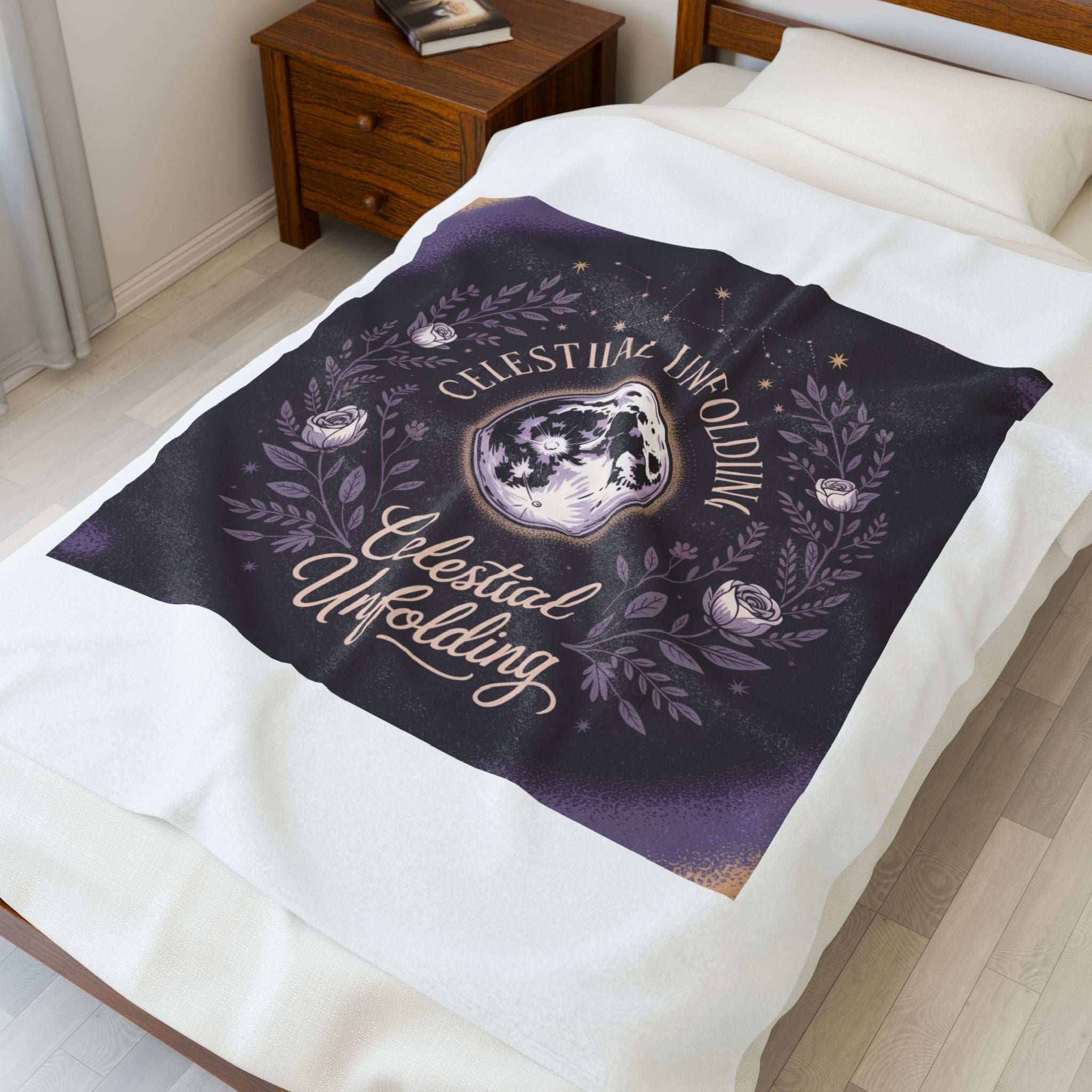 Celestial Unfolding Velveteen Plush Blanket — Moon & Floral Cosmic Throw
