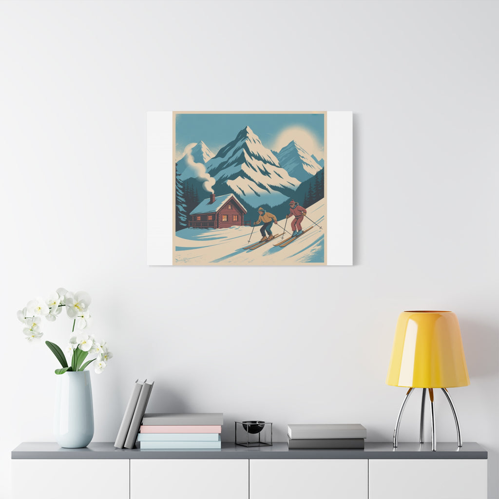 Retro Ski Mountain Canvas Print — Vintage Winter Cabin Art