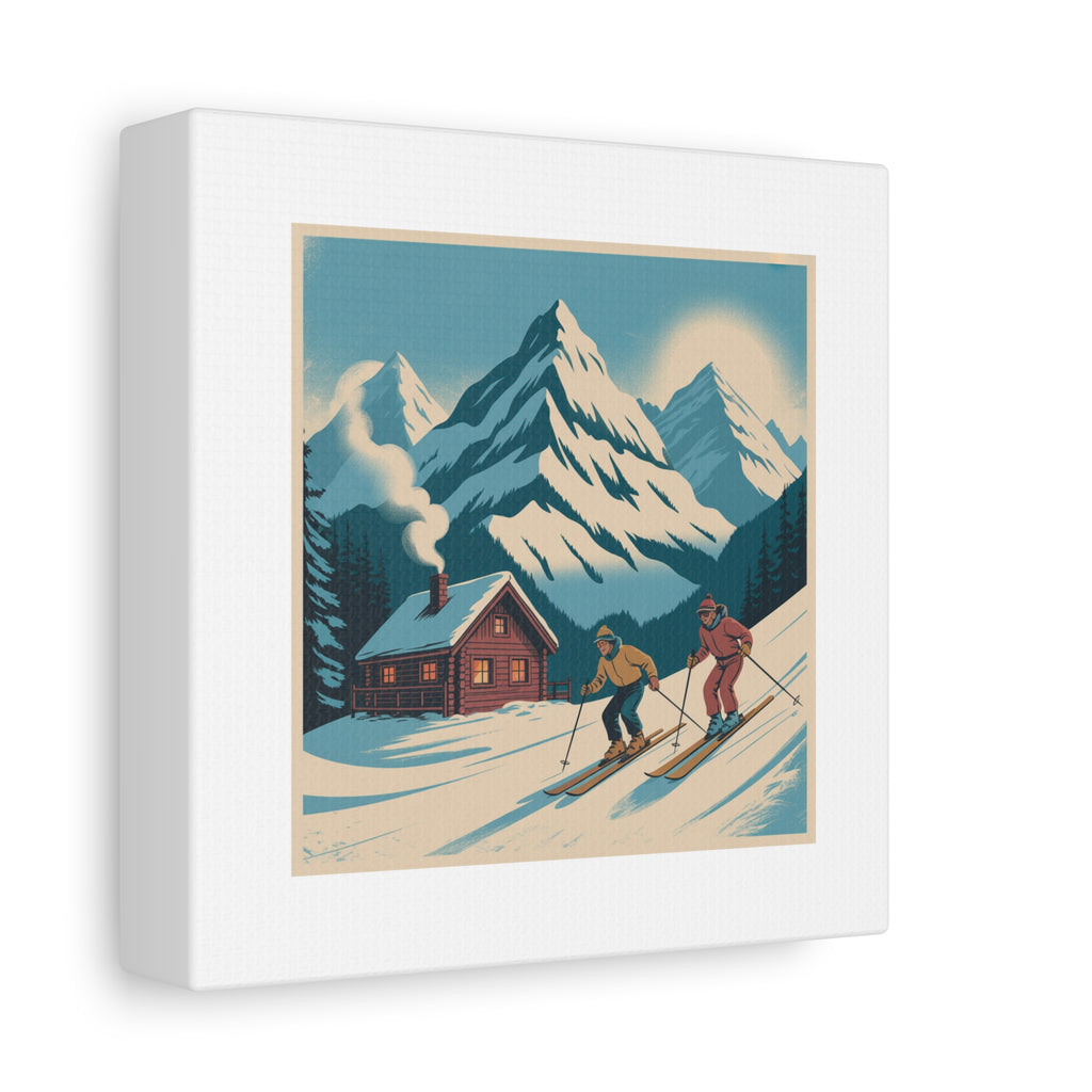 Retro Ski Mountain Canvas Print — Vintage Winter Cabin Art