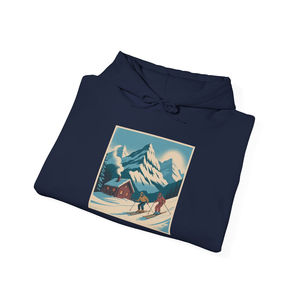 Mountain Ski Vintage Art Hoodie — Retro Alpine Chalet Winter Scene