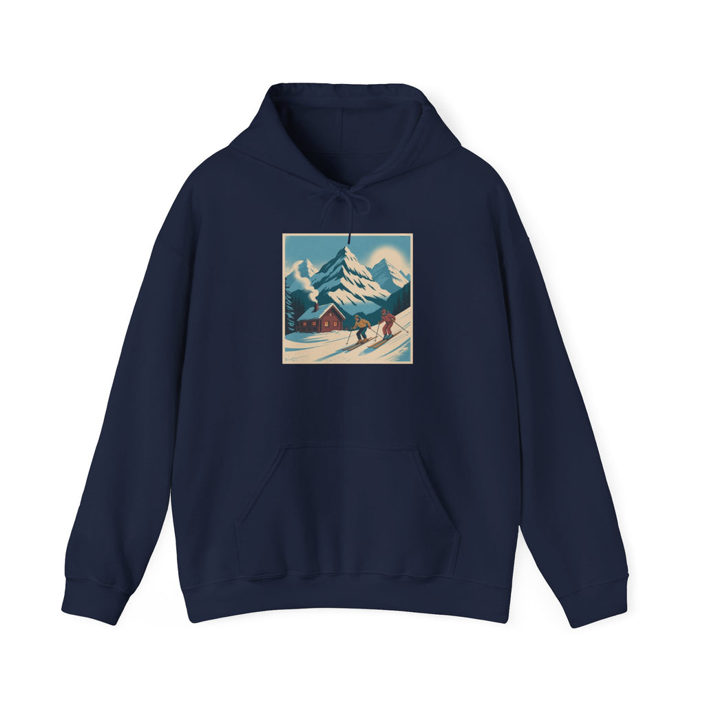 Mountain Ski Vintage Art Hoodie — Retro Alpine Chalet Winter Scene
