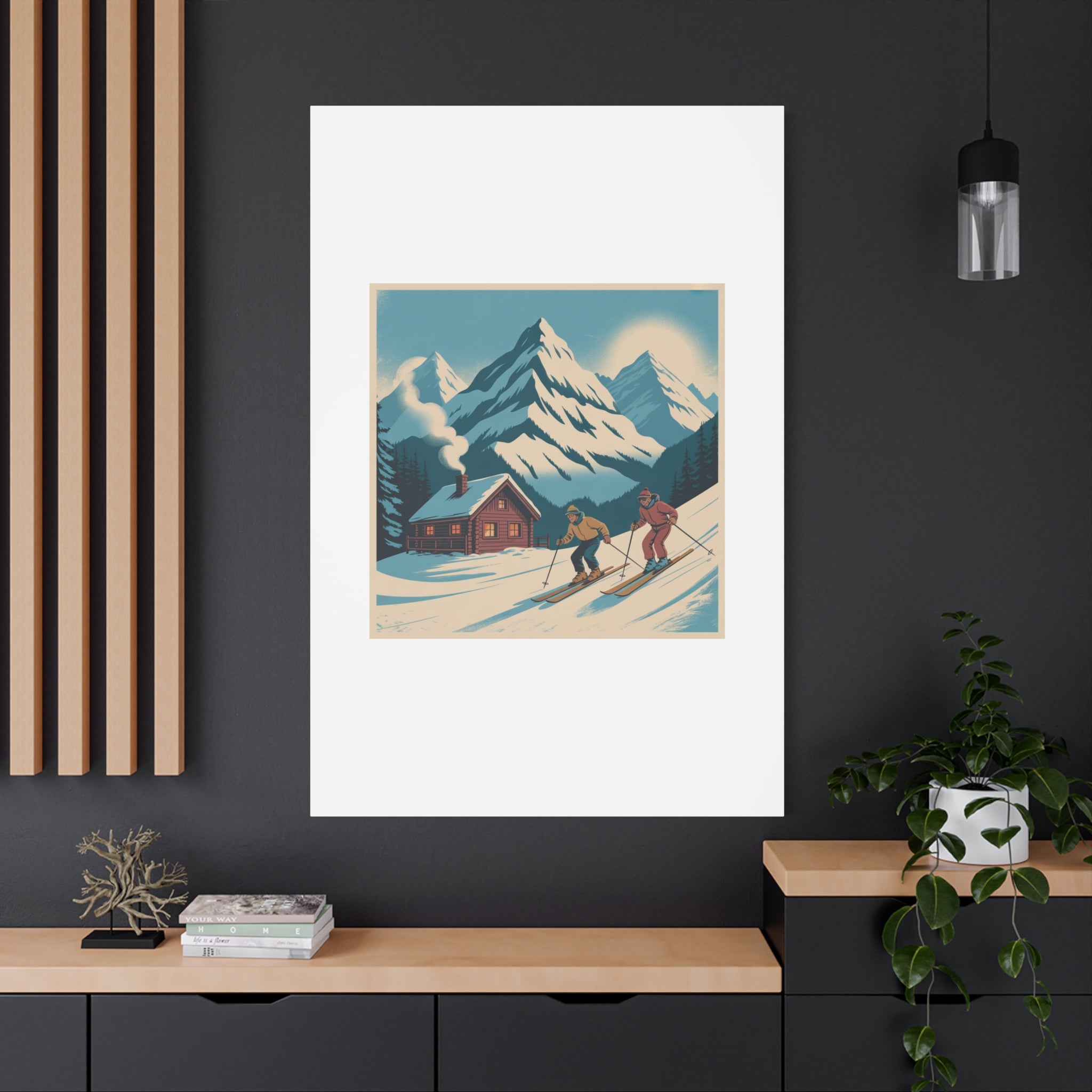 Retro Ski Mountain Canvas Print — Vintage Winter Cabin Art