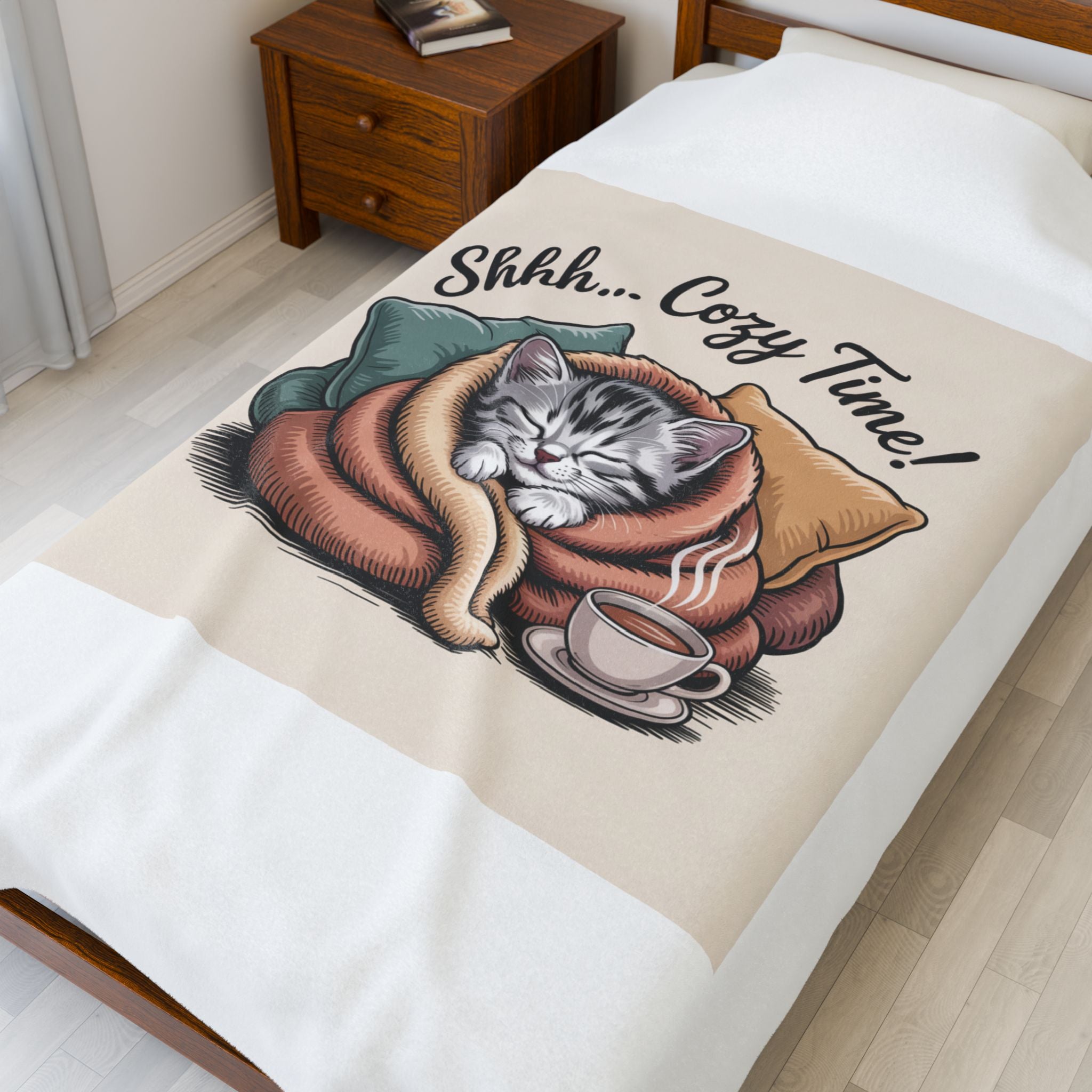 Plush Blanket — 'Shhh... Cozy Time!' Cat Wrapped in Blanket with Tea
