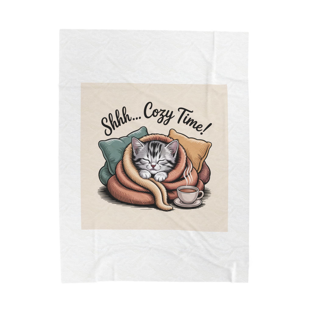 Plush Blanket — 'Shhh... Cozy Time!' Cat Wrapped in Blanket with Tea
