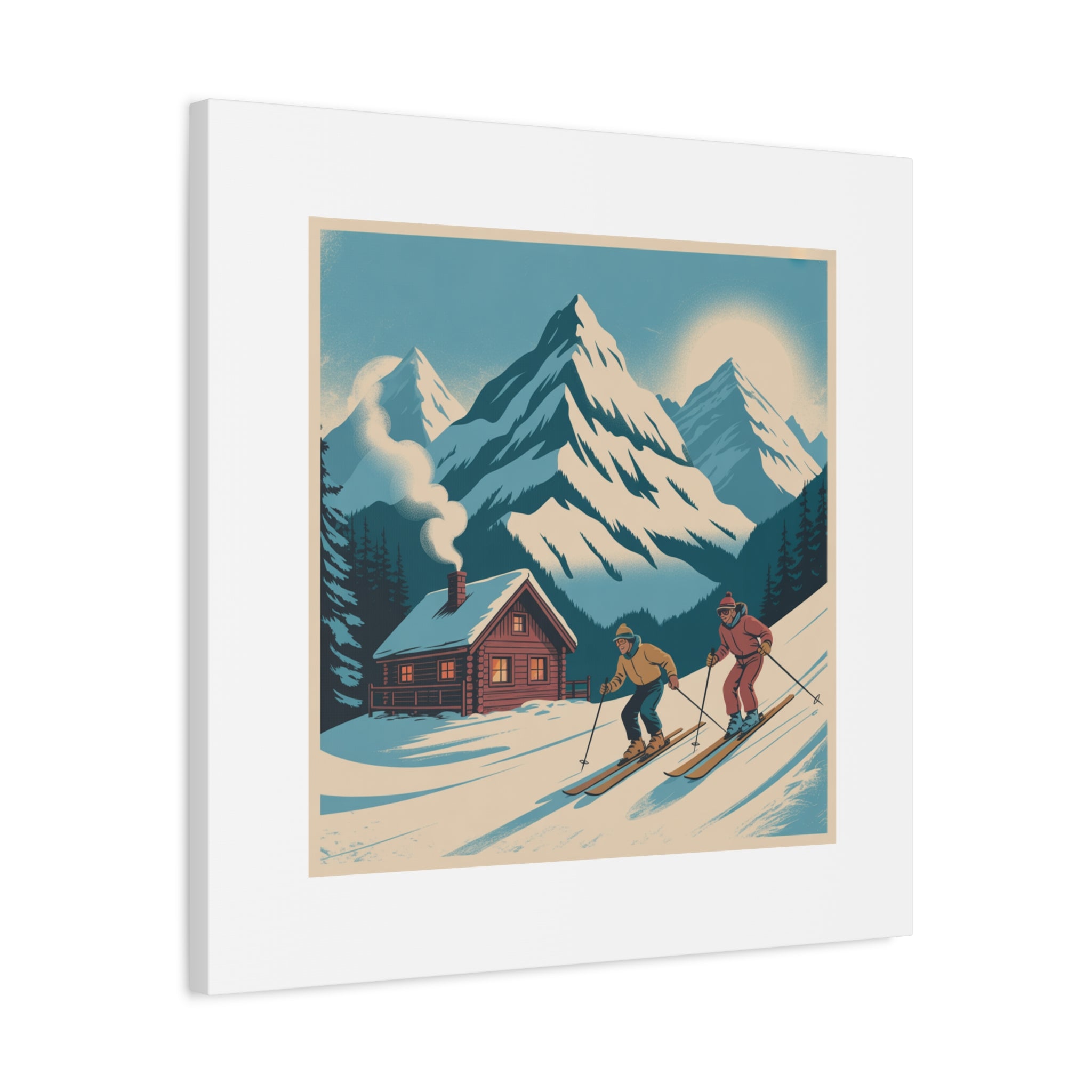 Retro Ski Mountain Canvas Print — Vintage Winter Cabin Art