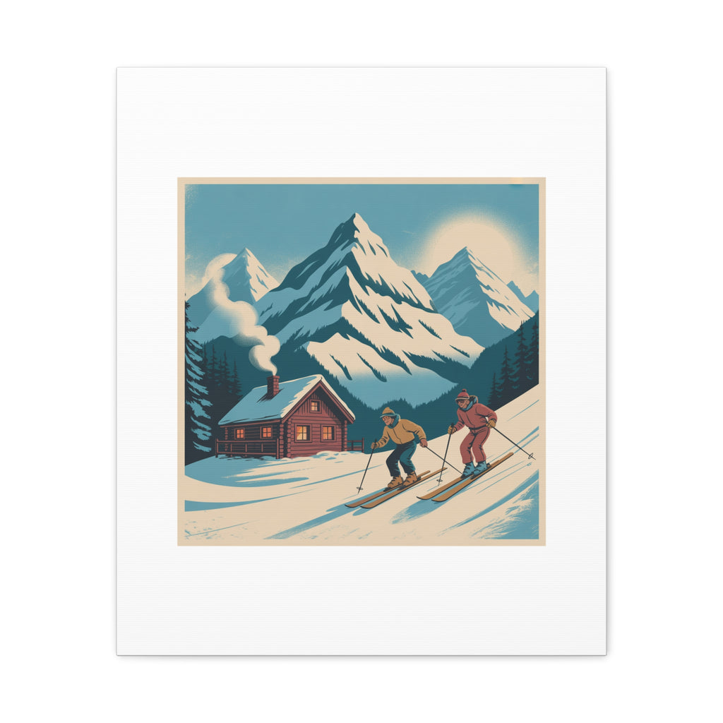 Retro Ski Mountain Canvas Print — Vintage Winter Cabin Art
