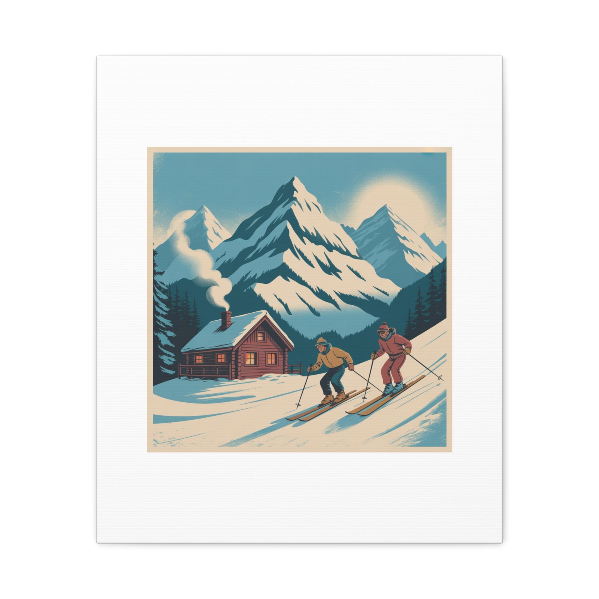 Retro Ski Mountain Canvas Print — Vintage Winter Cabin Art