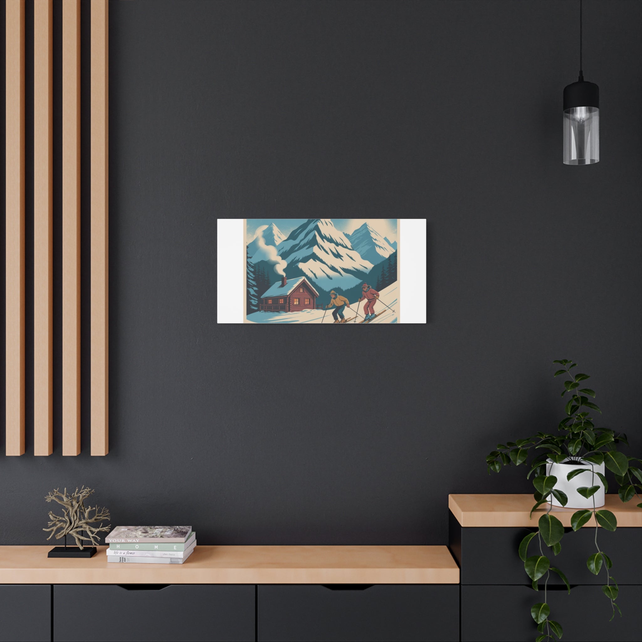Retro Ski Mountain Canvas Print — Vintage Winter Cabin Art