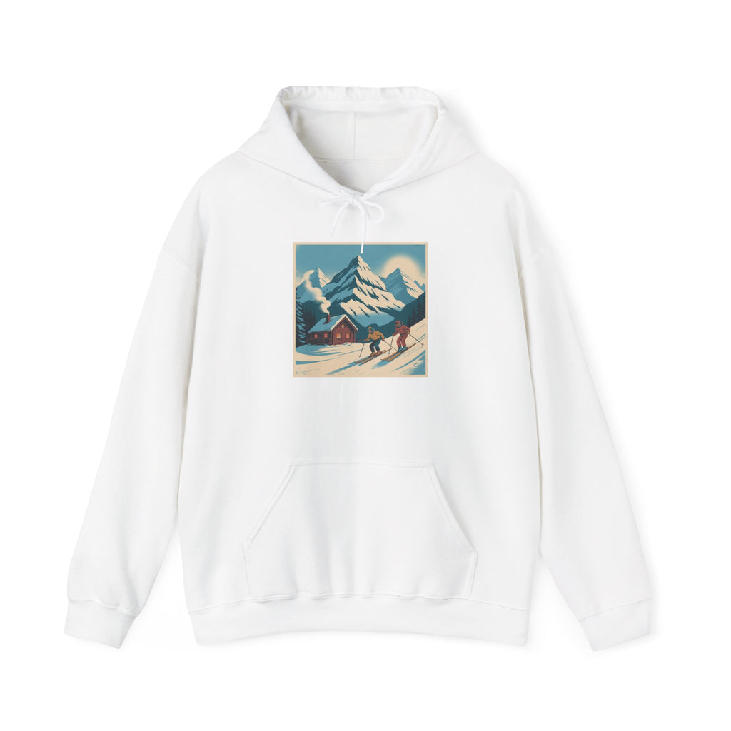 Mountain Ski Vintage Art Hoodie — Retro Alpine Chalet Winter Scene