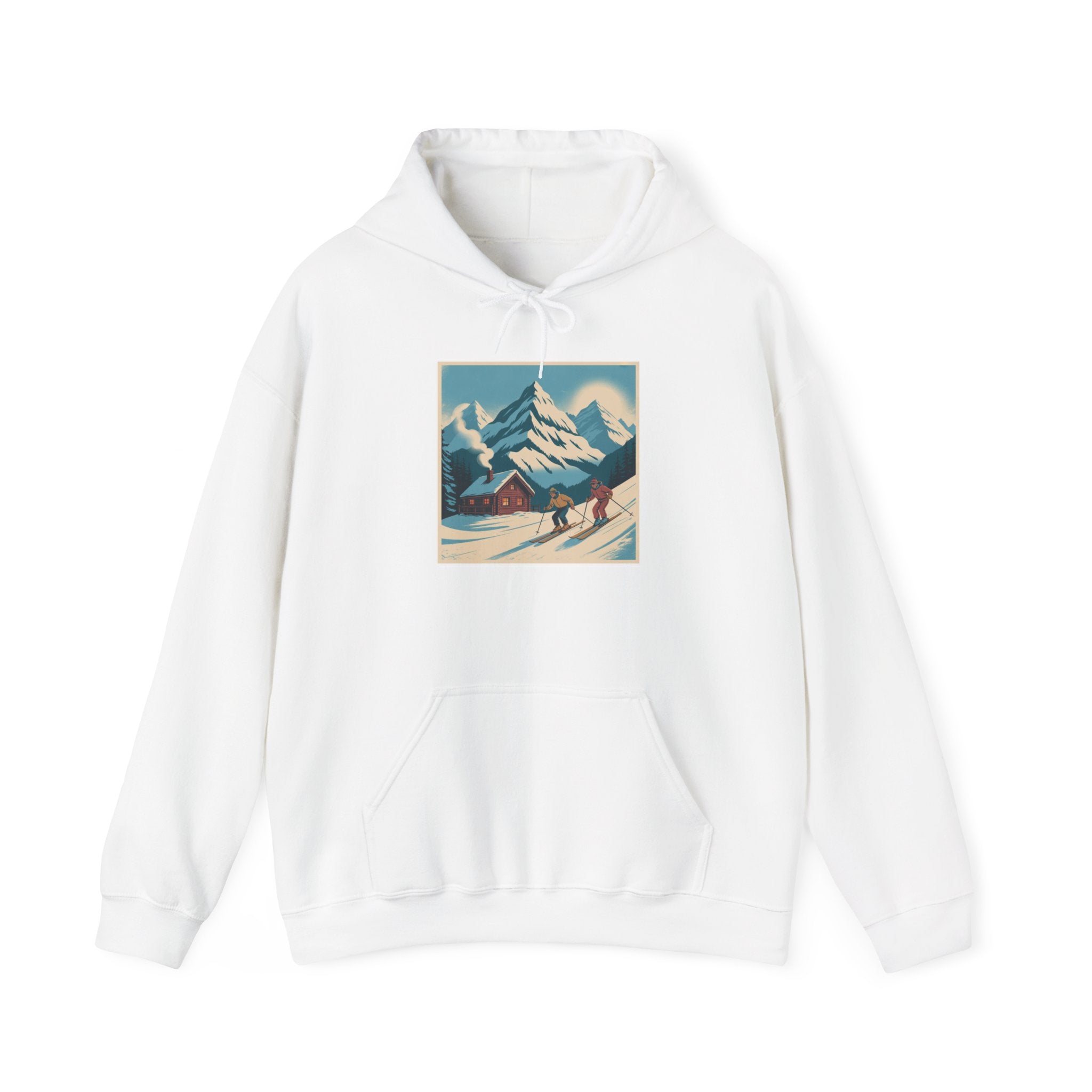 Mountain Ski Vintage Art Hoodie — Retro Alpine Chalet Winter Scene