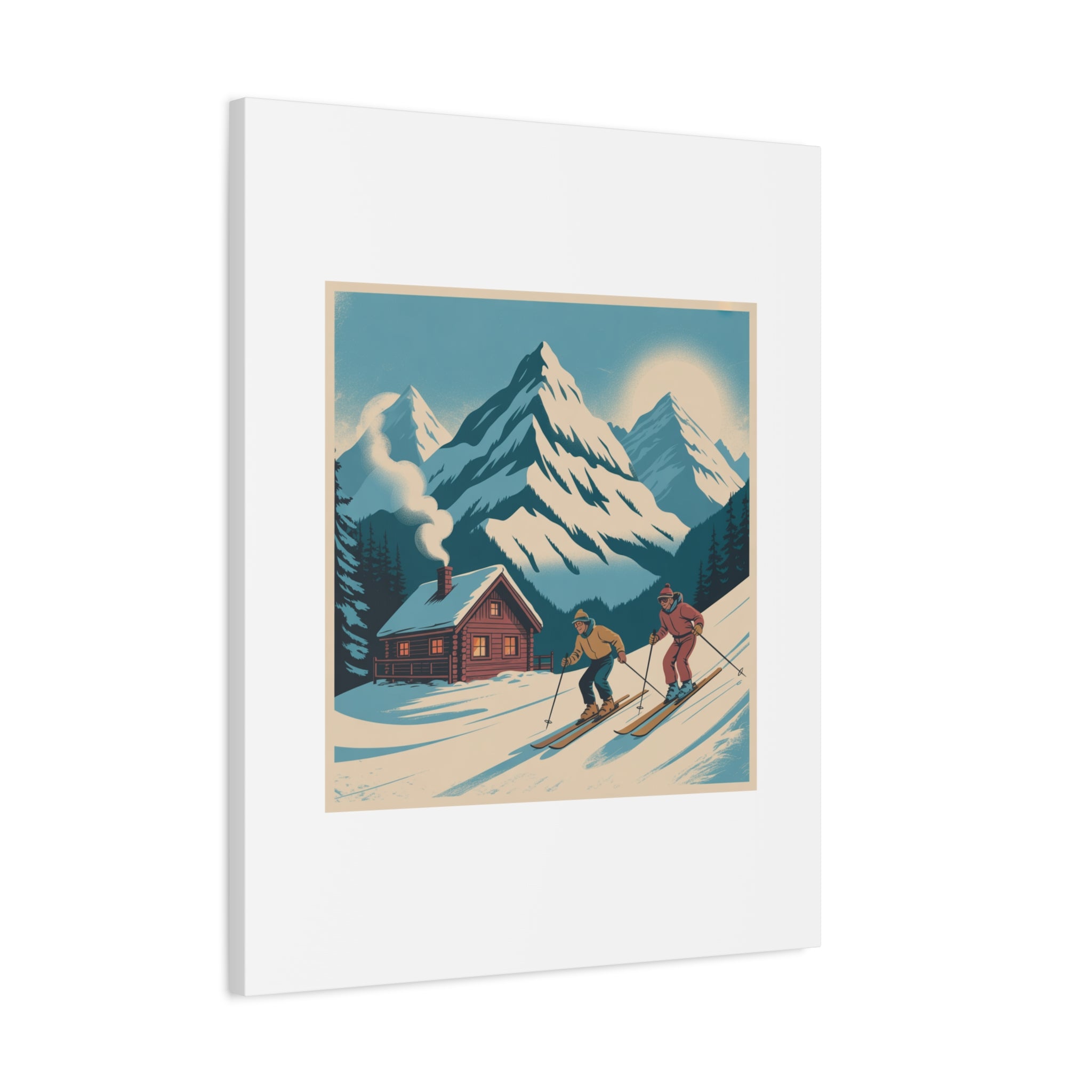 Retro Ski Mountain Canvas Print — Vintage Winter Cabin Art
