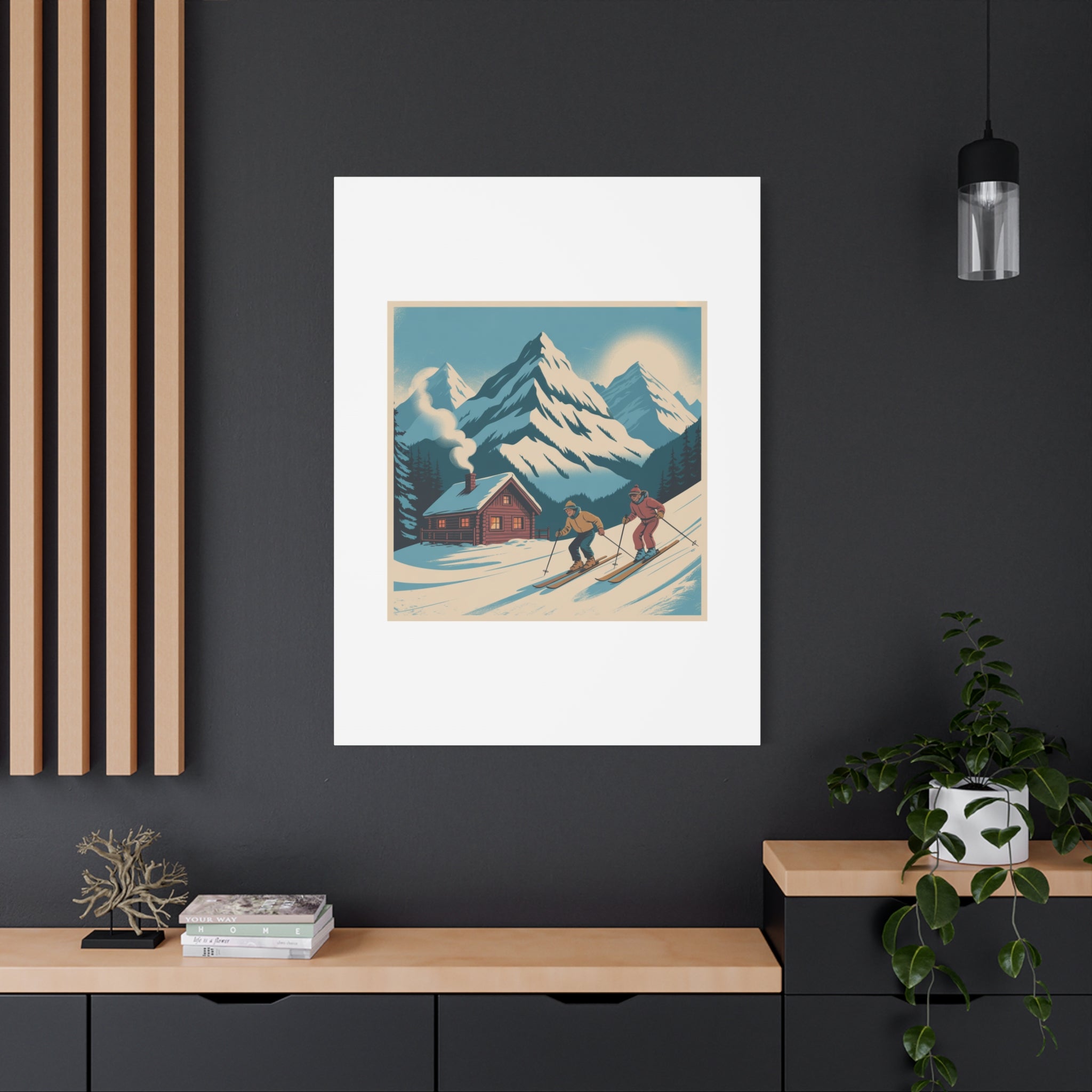 Retro Ski Mountain Canvas Print — Vintage Winter Cabin Art