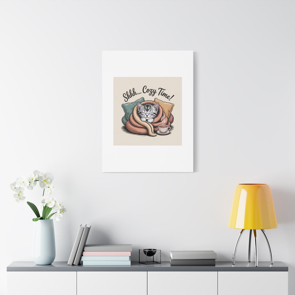 Cozy Cat Canvas Print — "Shhh... Cozy Time!" Matte Stretched Wall Art