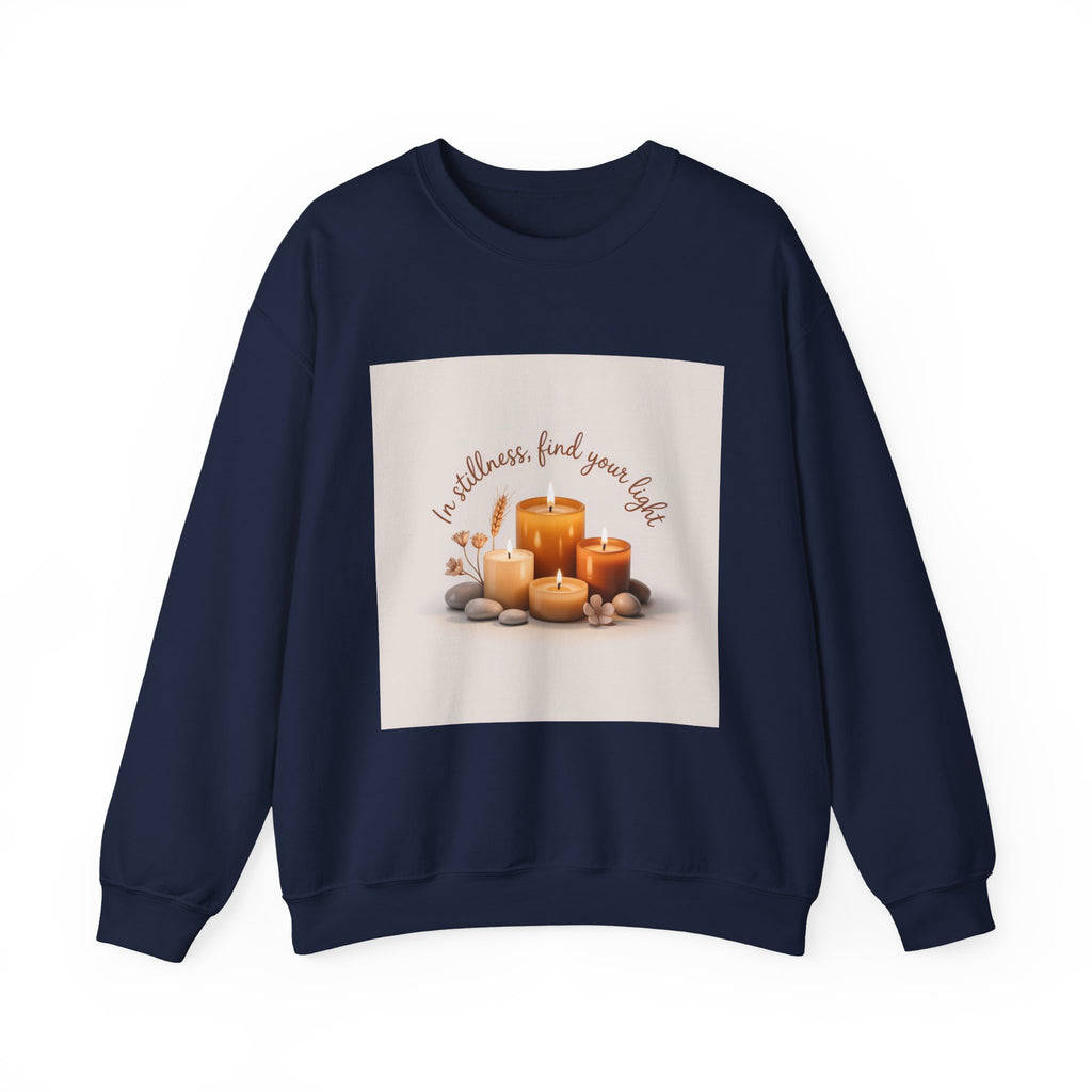 Cozy Candle Crewneck Sweatshirt — "In Stillness Find Your Light" Relaxation Pullover