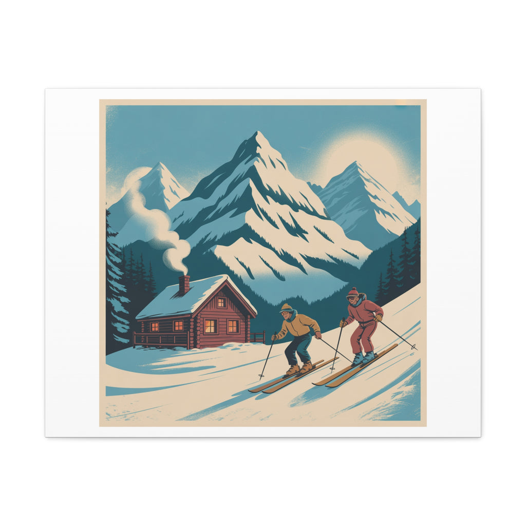 Retro Ski Mountain Canvas Print — Vintage Winter Cabin Art