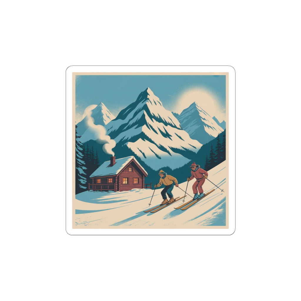 Retro Skiing Mountain Sticker — Vintage Winter Cabin Skiers Kiss-Cut Sticker