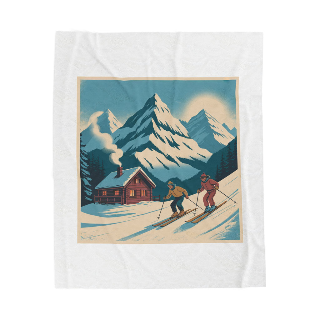 Vintage Ski Chalet Velveteen Plush Blanket — Retro Mountain Cabin Skiers