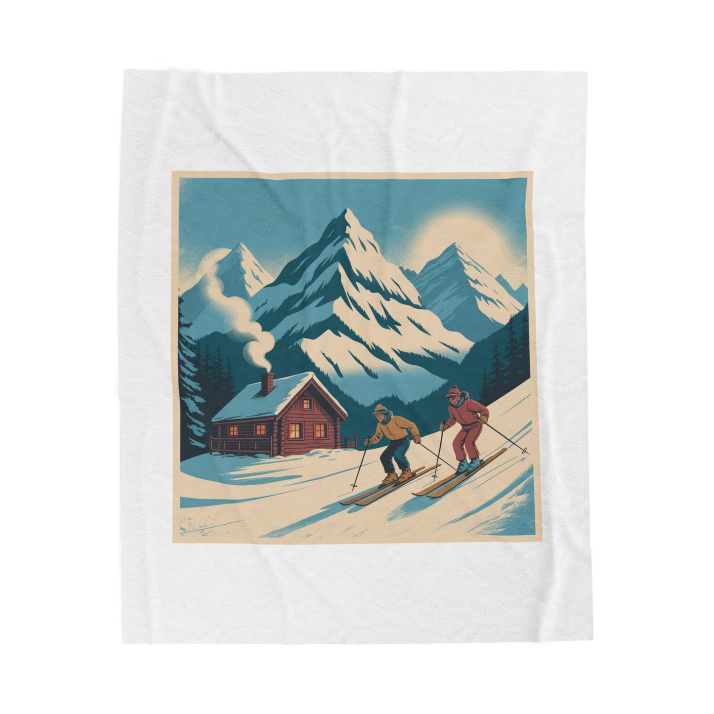 Vintage Ski Chalet Velveteen Plush Blanket — Retro Mountain Cabin Skiers