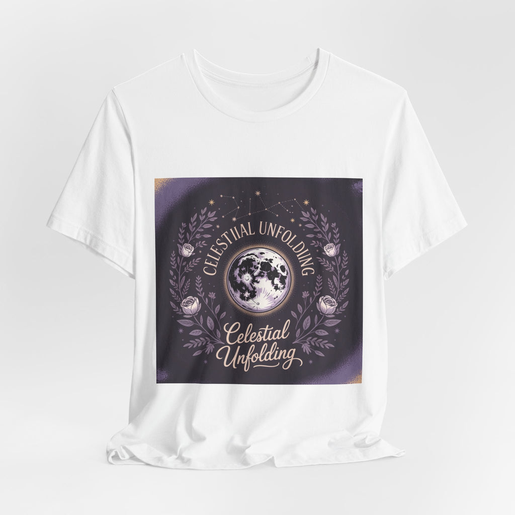 Celestial Unfolding Graphic Tee — Moon & Floral Astrology Shirt