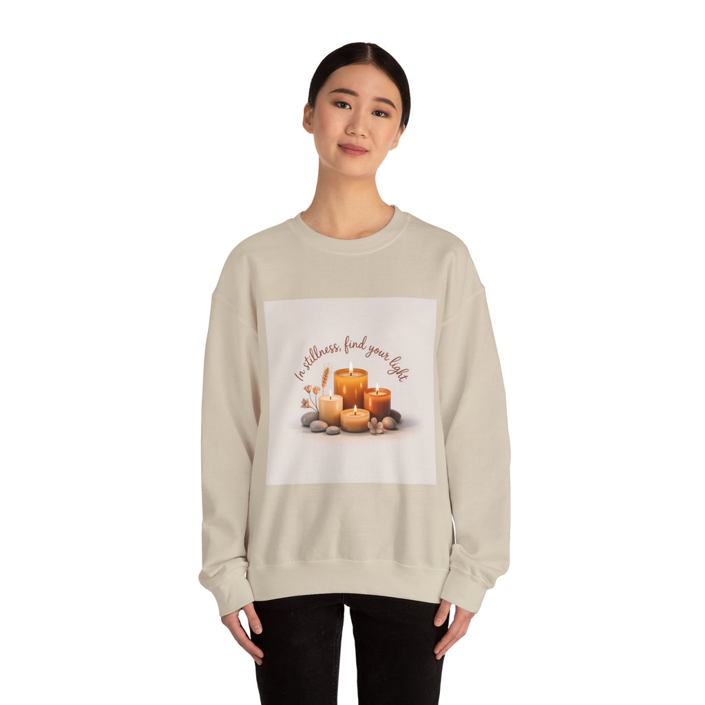 Cozy Candle Crewneck Sweatshirt — "In Stillness Find Your Light" Relaxation Pullover