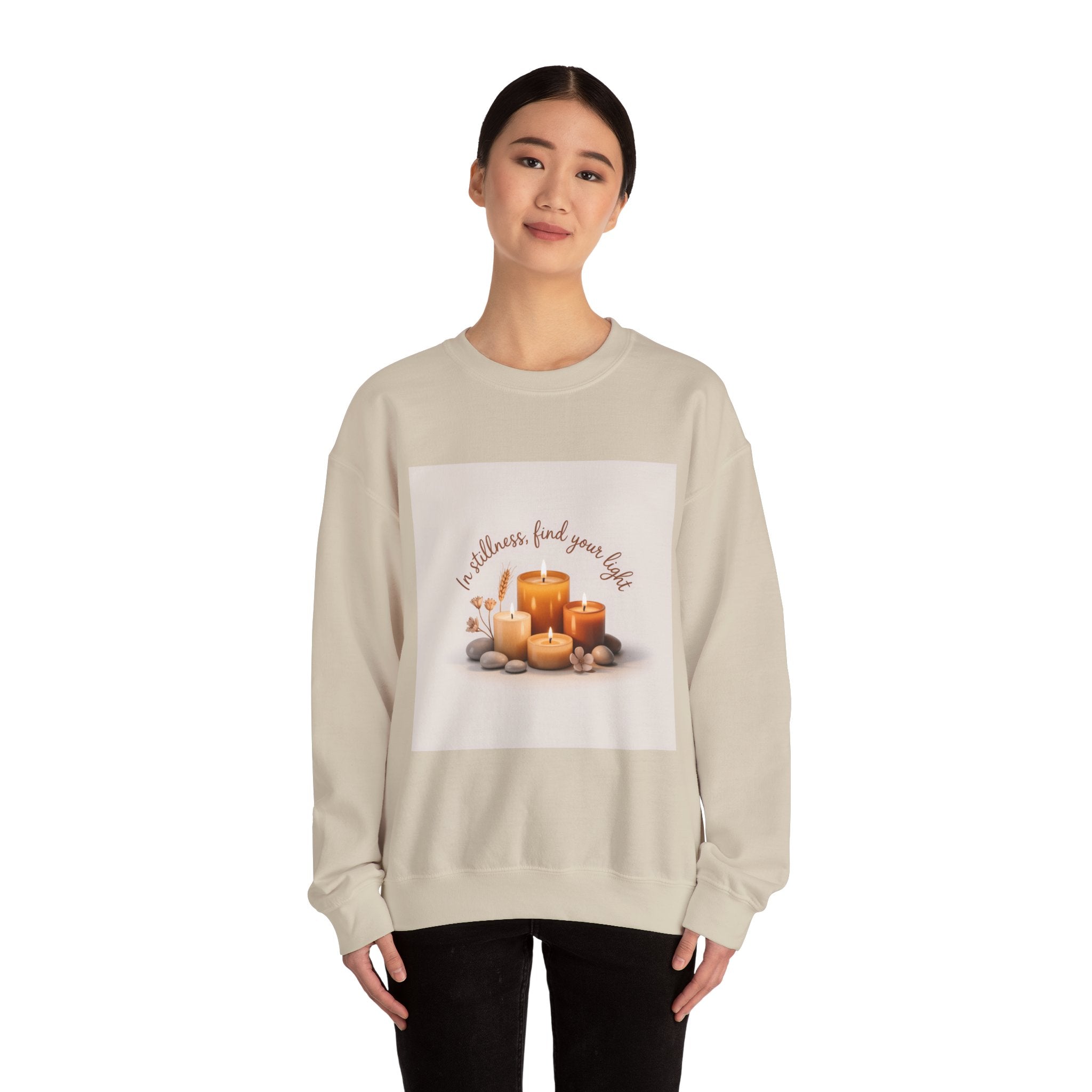 Cozy Candle Crewneck Sweatshirt — "In Stillness Find Your Light" Relaxation Pullover