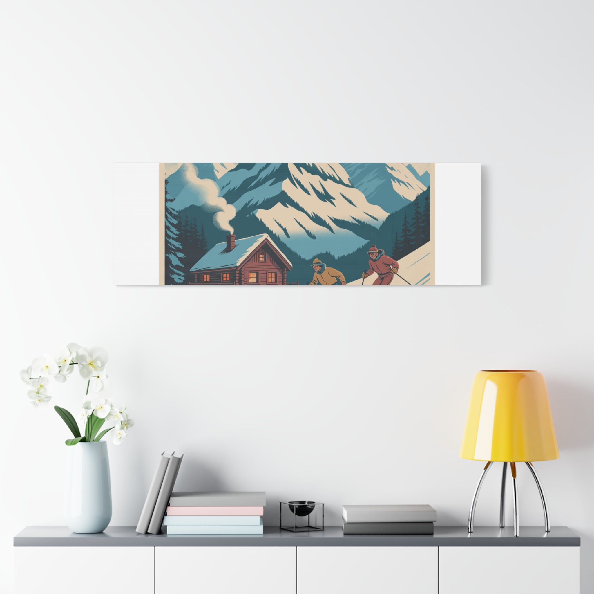 Retro Ski Mountain Canvas Print — Vintage Winter Cabin Art