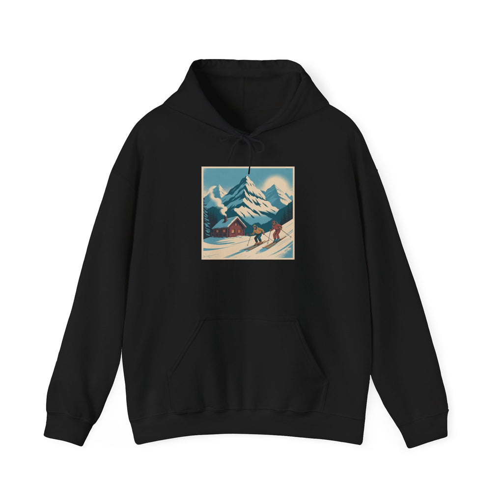 Mountain Ski Vintage Art Hoodie — Retro Alpine Chalet Winter Scene