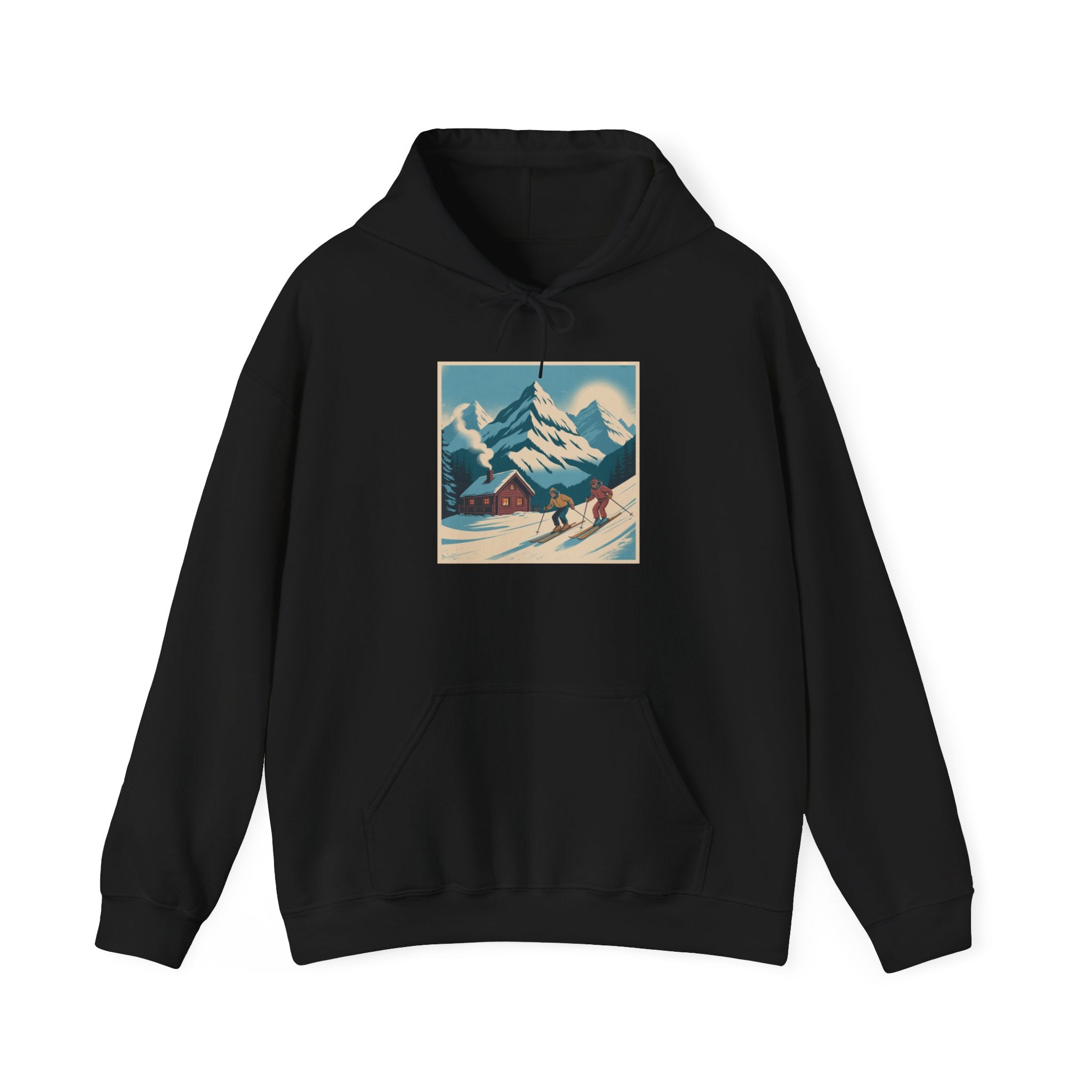 Mountain Ski Vintage Art Hoodie — Retro Alpine Chalet Winter Scene
