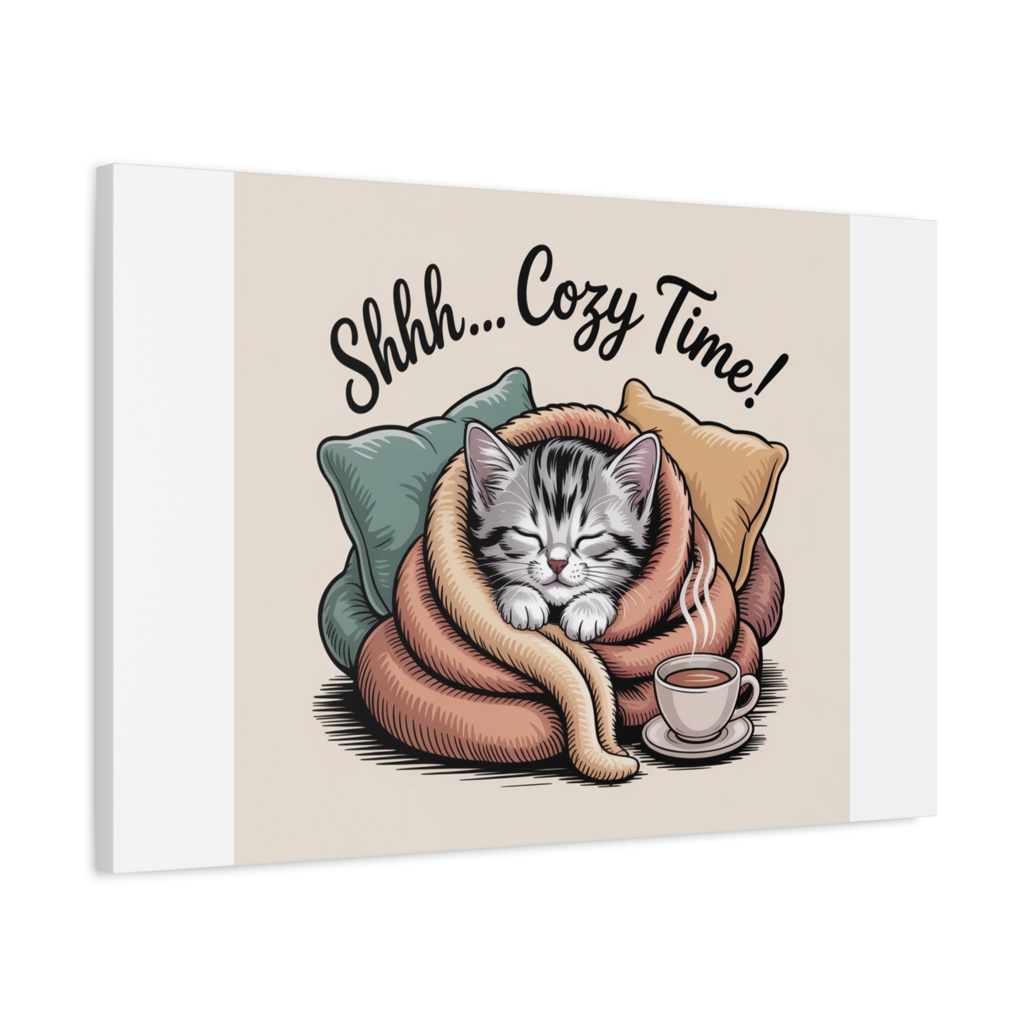 Cozy Cat Canvas Print — "Shhh... Cozy Time!" Matte Stretched Wall Art