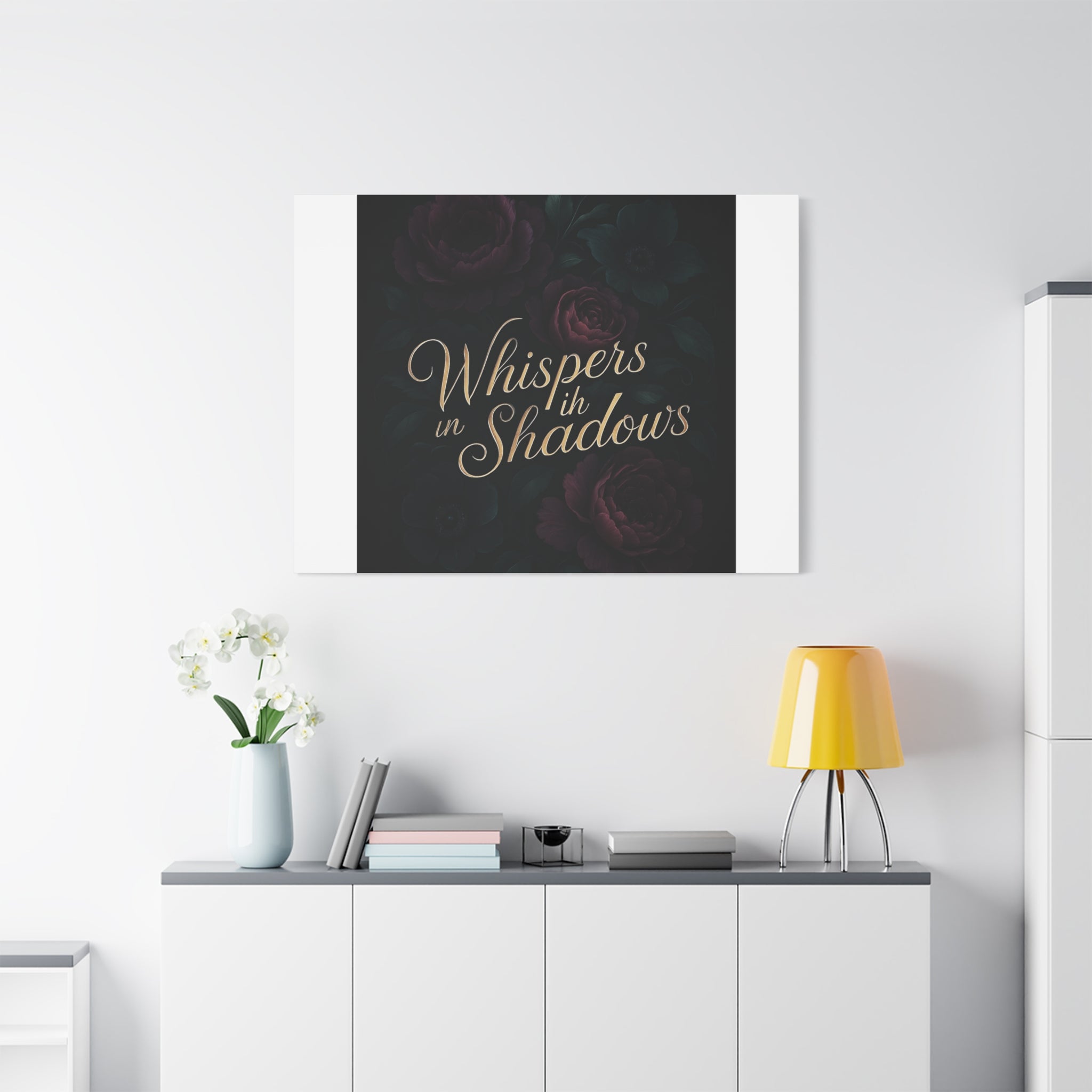 Canvas Wall Art — “Whispers in Shadows” Dark Floral Typographic Print