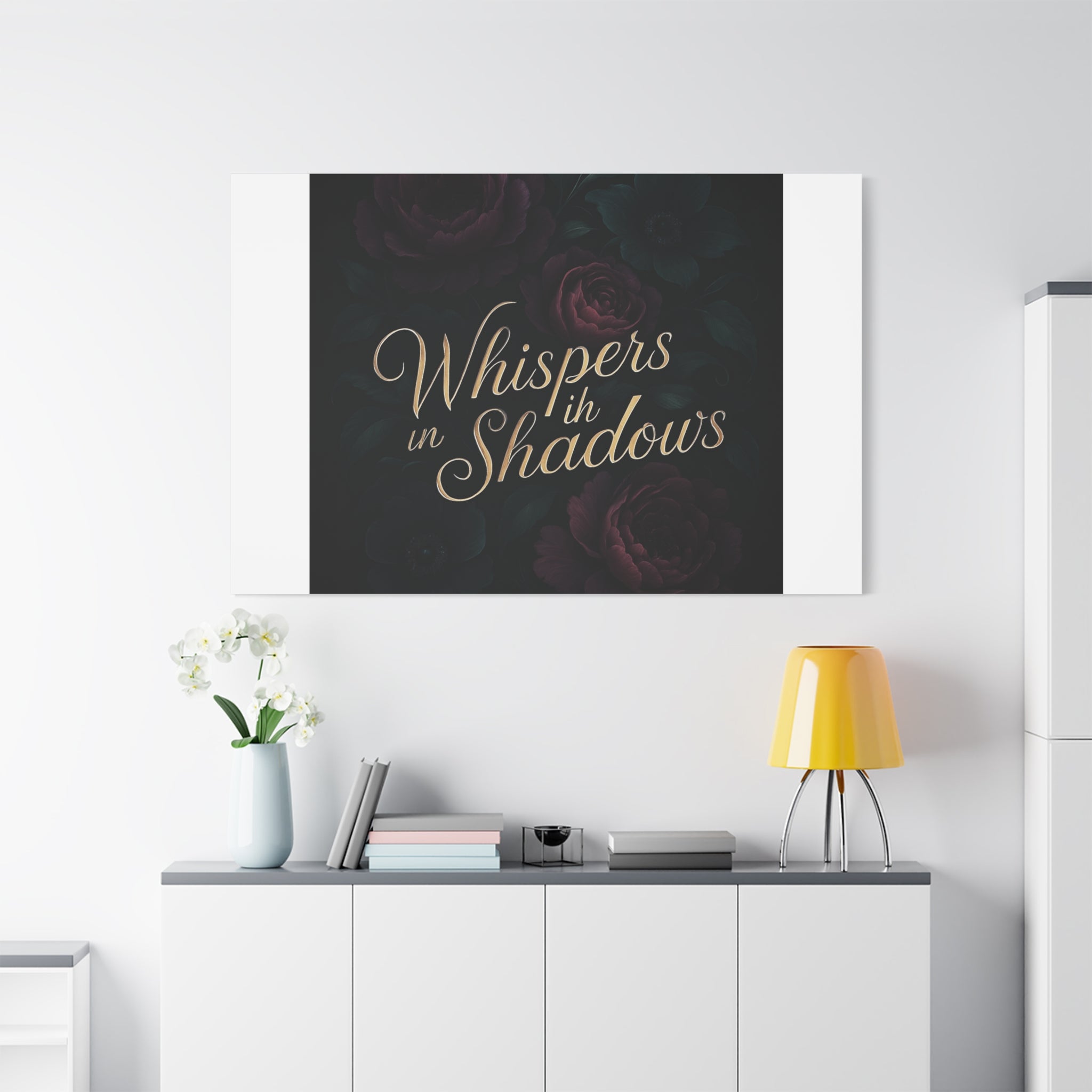 Canvas Wall Art — “Whispers in Shadows” Dark Floral Typographic Print