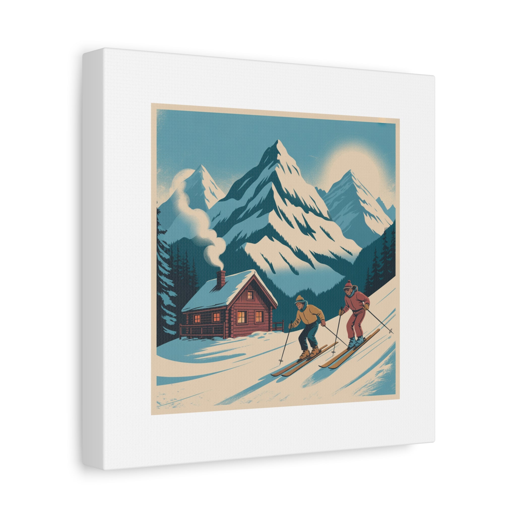 Retro Ski Mountain Canvas Print — Vintage Winter Cabin Art