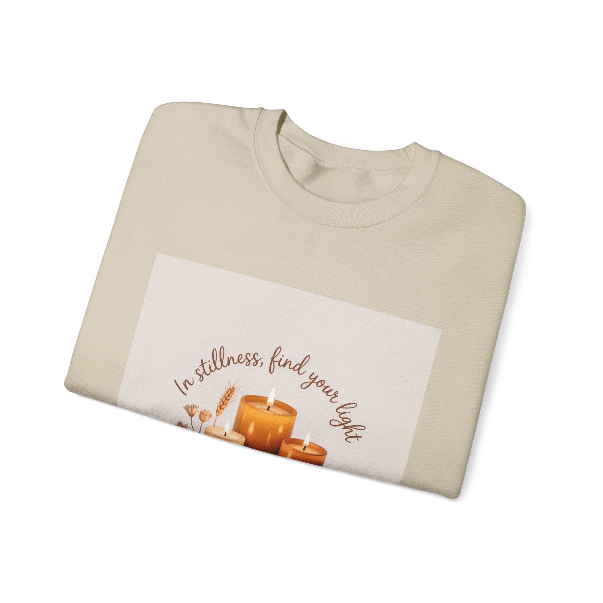 Cozy Candle Crewneck Sweatshirt — "In Stillness Find Your Light" Relaxation Pullover