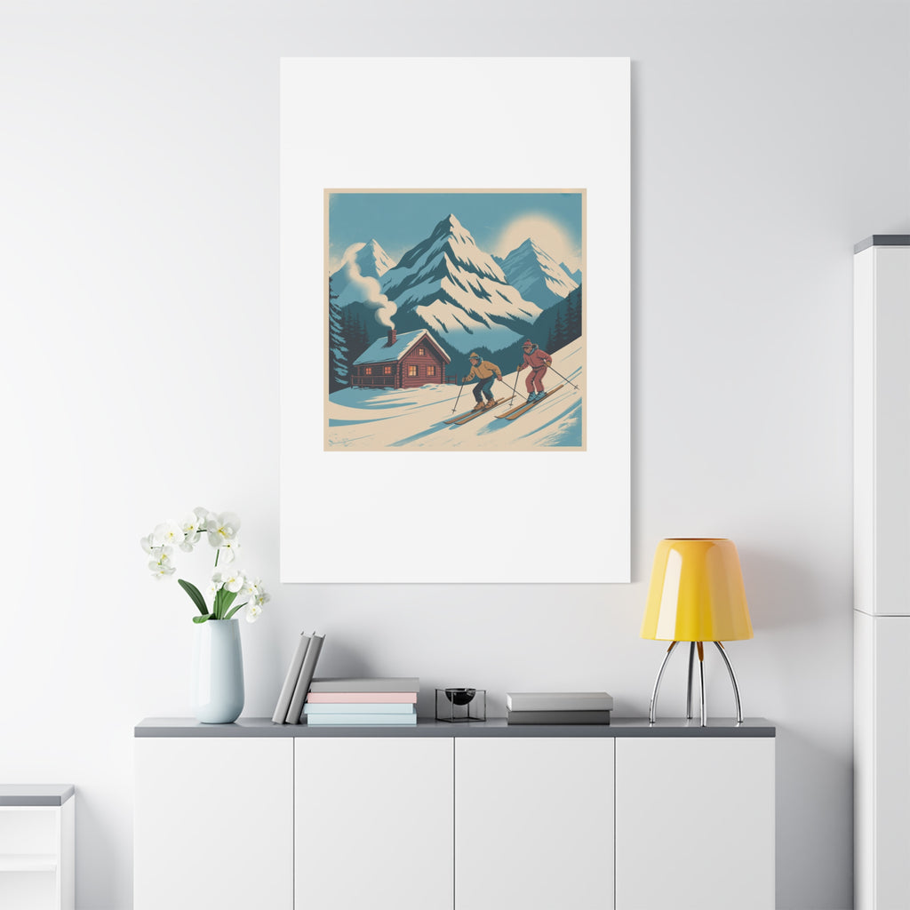 Retro Ski Mountain Canvas Print — Vintage Winter Cabin Art