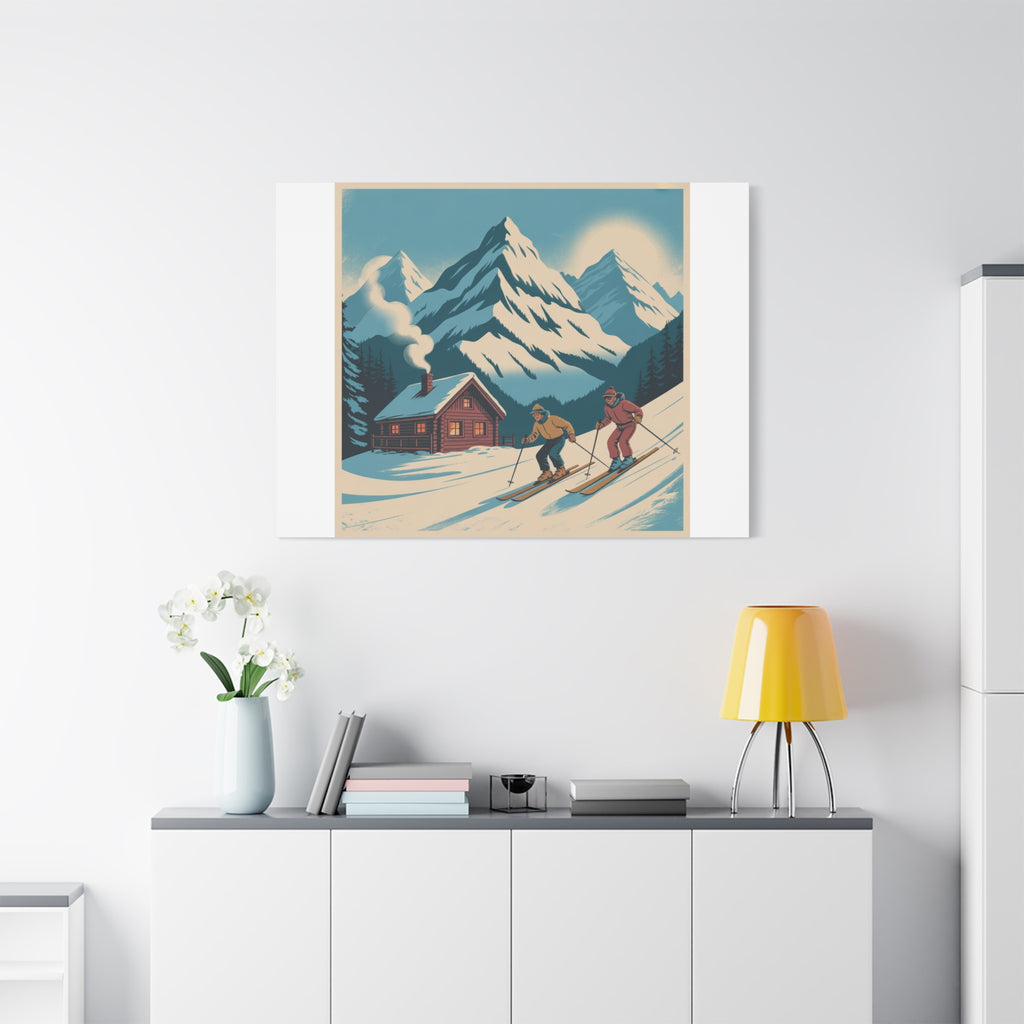 Retro Ski Mountain Canvas Print — Vintage Winter Cabin Art