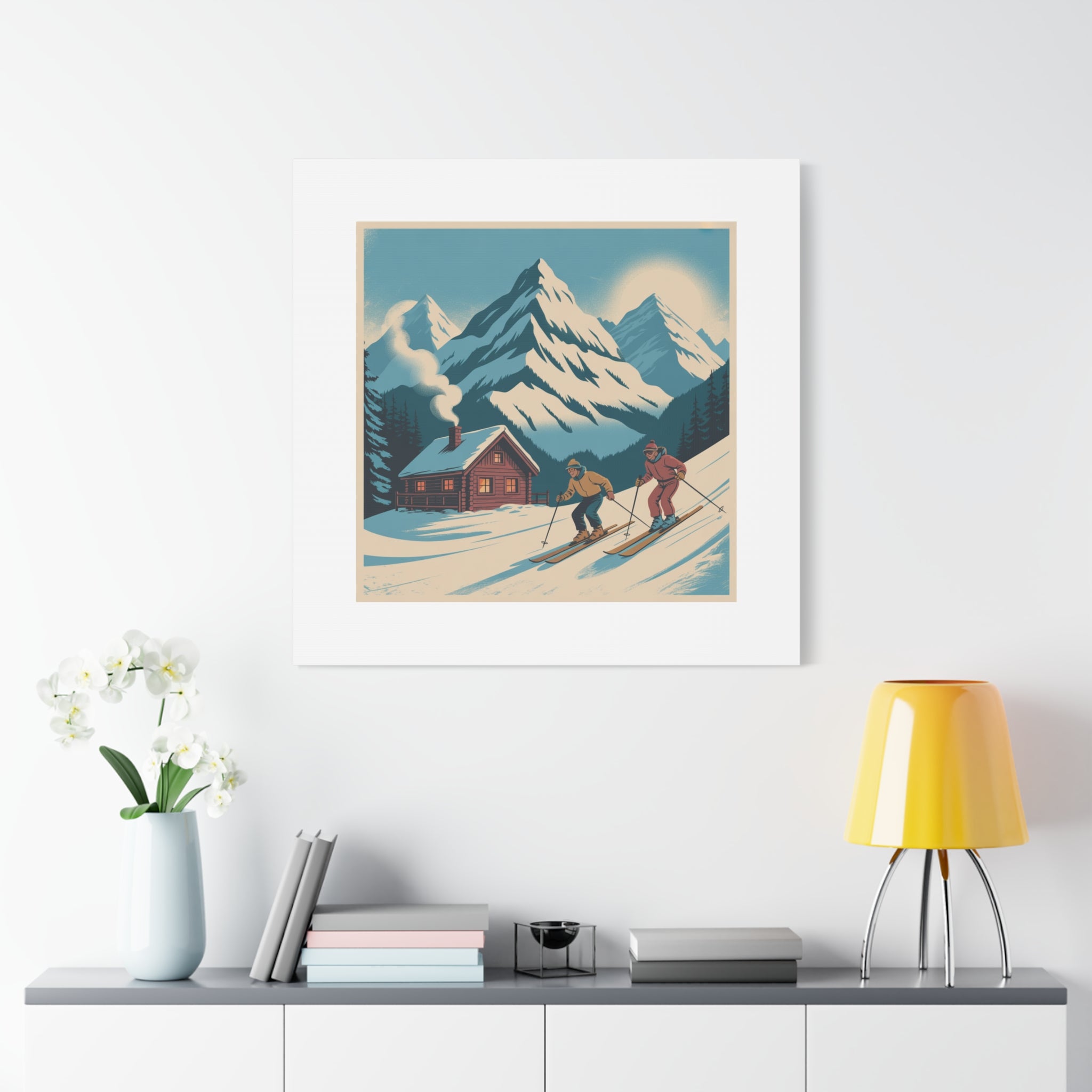 Retro Ski Mountain Canvas Print — Vintage Winter Cabin Art